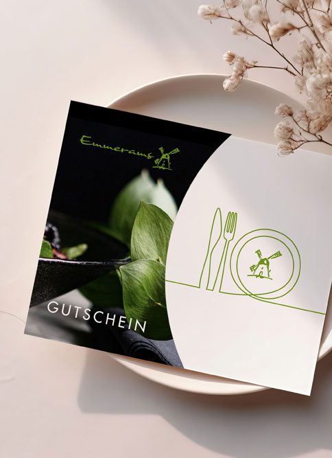Ansicht Gutscheinkarte Emmeramsmühle mit dekorativen Zweig