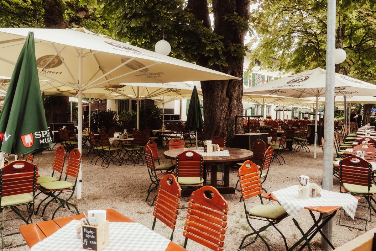 Weitläufiger Biergarten der Emmeramsmühle unter alten Bäumen und großen Sonnenschirmen mit dem historischen Gebäude im Hintergrund